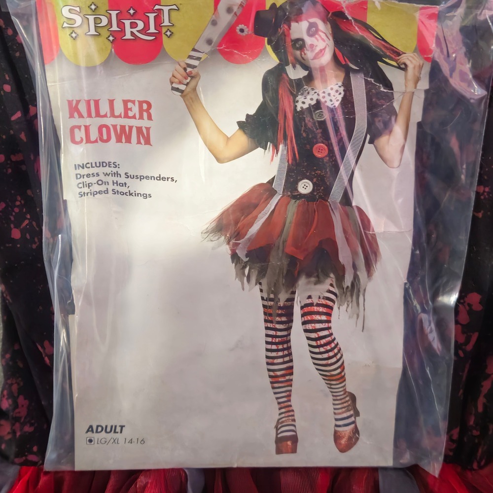 Spirit Halloween Killer Clown Costume Womens LG/XL Black Red Splatter Dress Set
